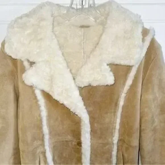 Wilsons Womens Vintage Beige Leather Suede Faux Fur Maxima Button Up Coat Jacket - Picture 6 of 11